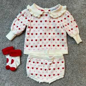 Janie and Jack 3-6mo Heart Print Baby Sweater Set with Bloomer and Socks